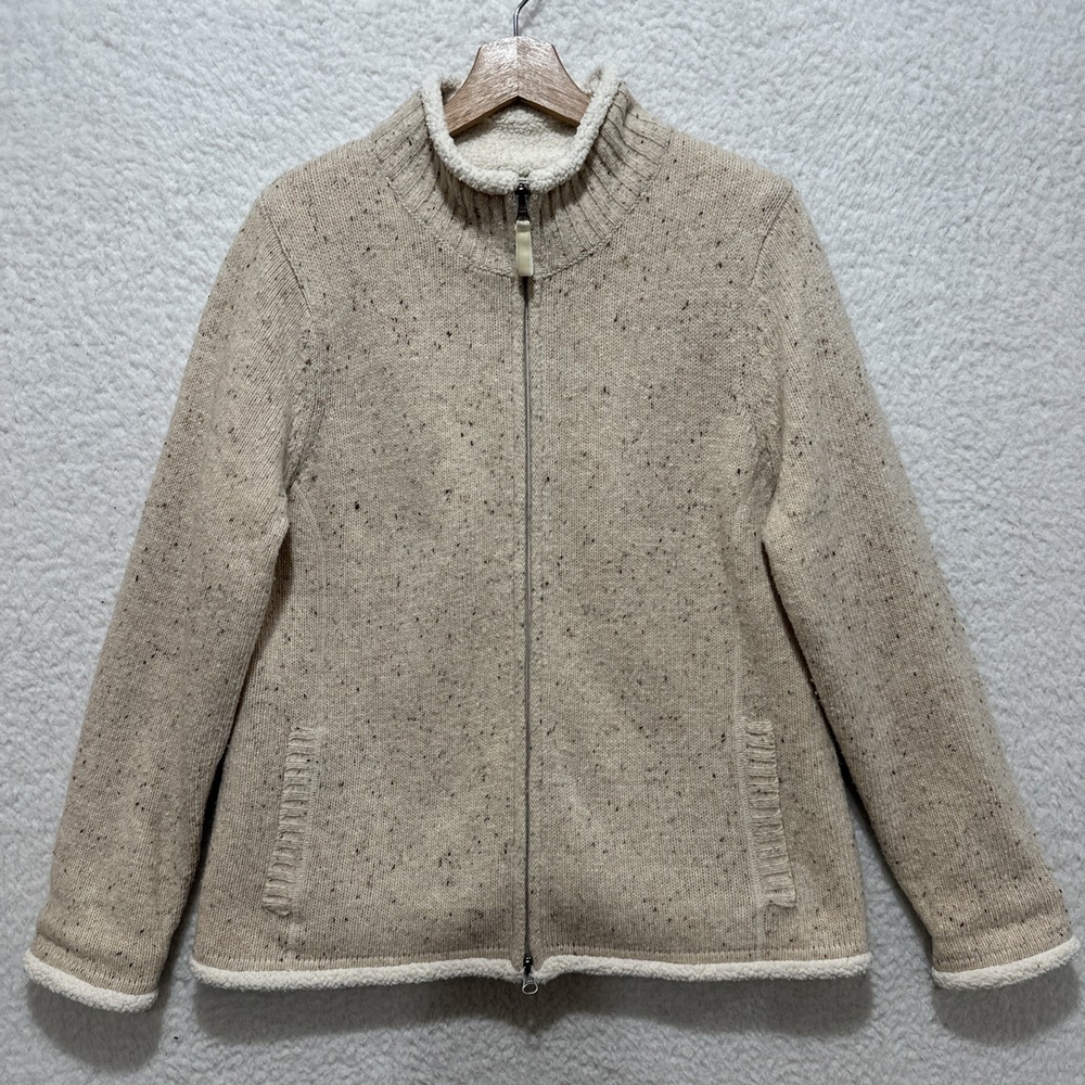 L.L. Bean Speckled Lambs Wool Blend Full Zip Beige Cream‎ Jacket Cardigan Size M